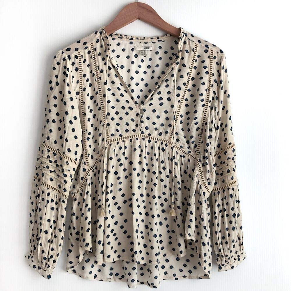 Amuse Society flowy top flutter sleeve  tassel cream and blue size extra small